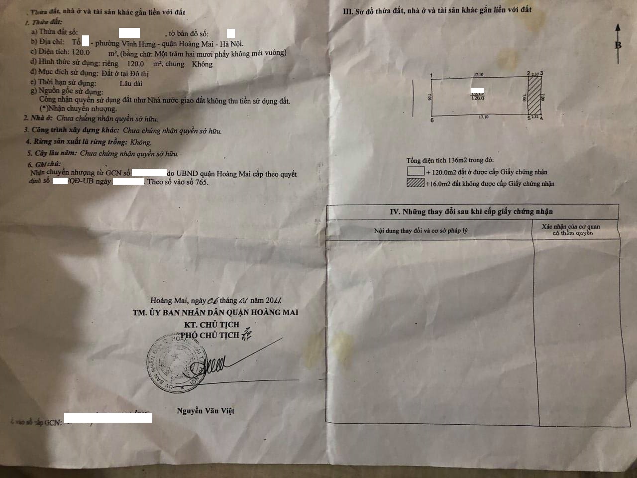 Nhà mặt phố Vĩnh Hưng 136m2, MT 7m, sổ vuông, 12 tỷ, 0867195893