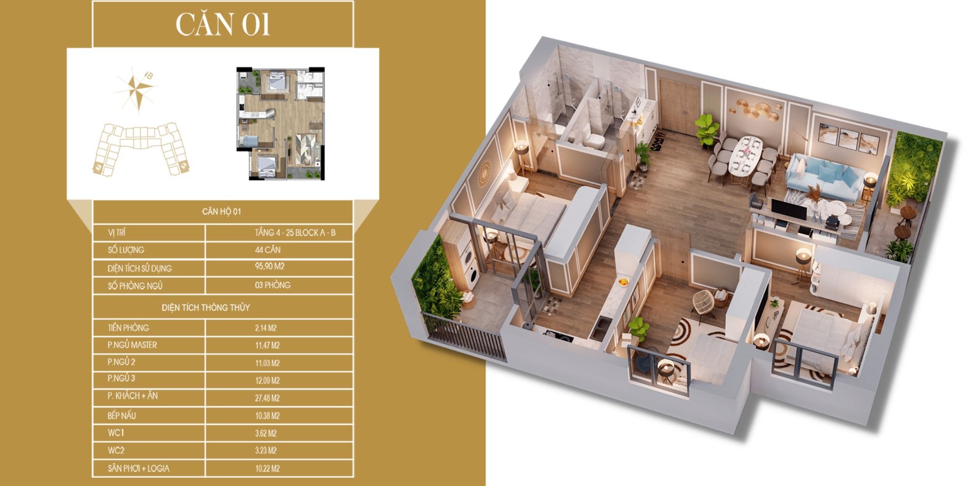 Căn hộ 3PN chính chủ đẹp 95.9m2 giá 2,839 tỷ Chung cư Tecco Diamond Tứ Hiệp, Thanh Trì