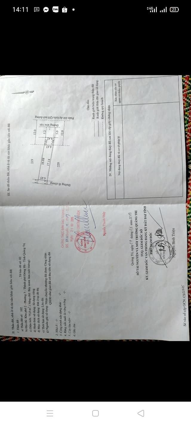 CẦN TIỀN NÊN BÁN ĐẤT THỔ CƯ KIỆT BÀ TRIỆU TP. ĐÔNG HÀ