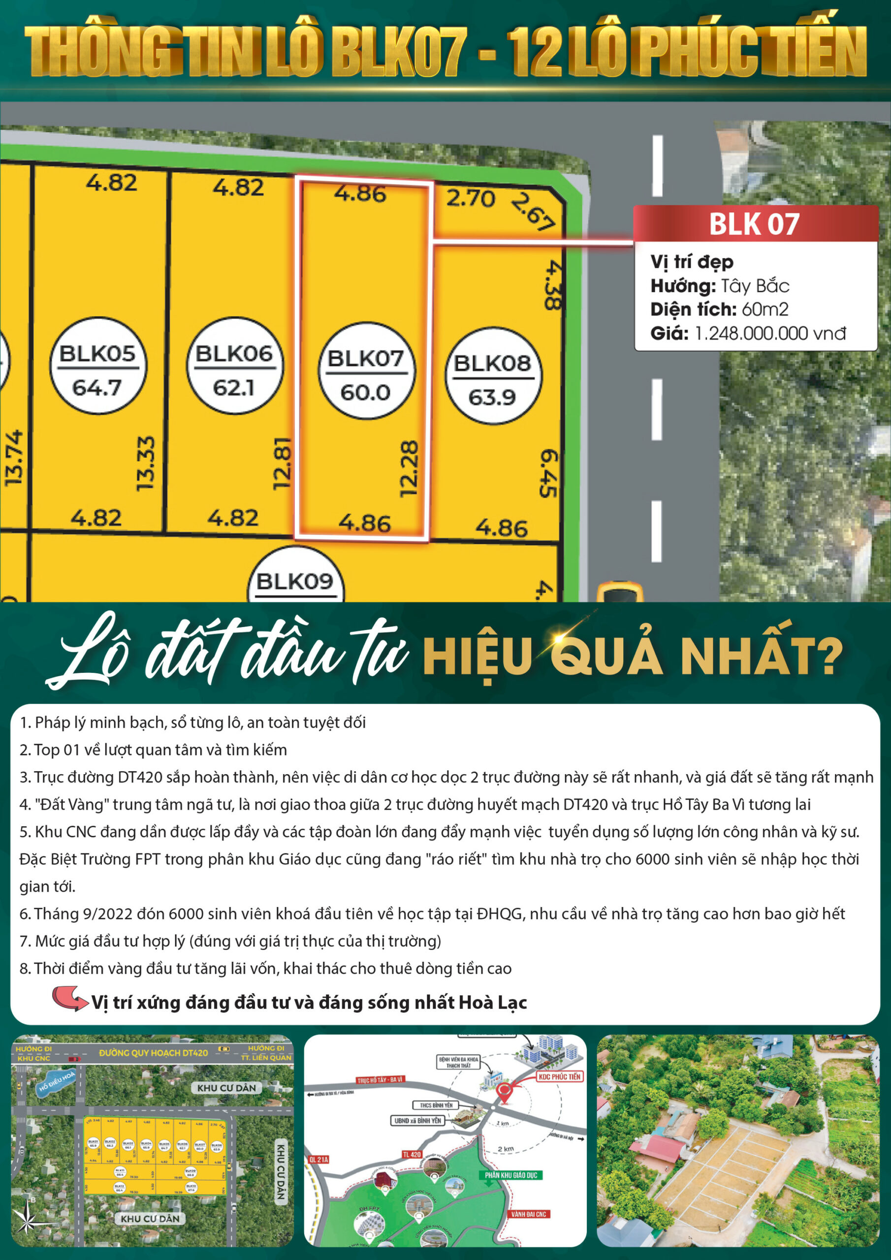 Mở bán 11 lô đất KDC Phúc Tiến, Bình Yên, Thạch Thất, Hà Nội. DT 60m2, MT 4,86m giá: 1,248 tỷ