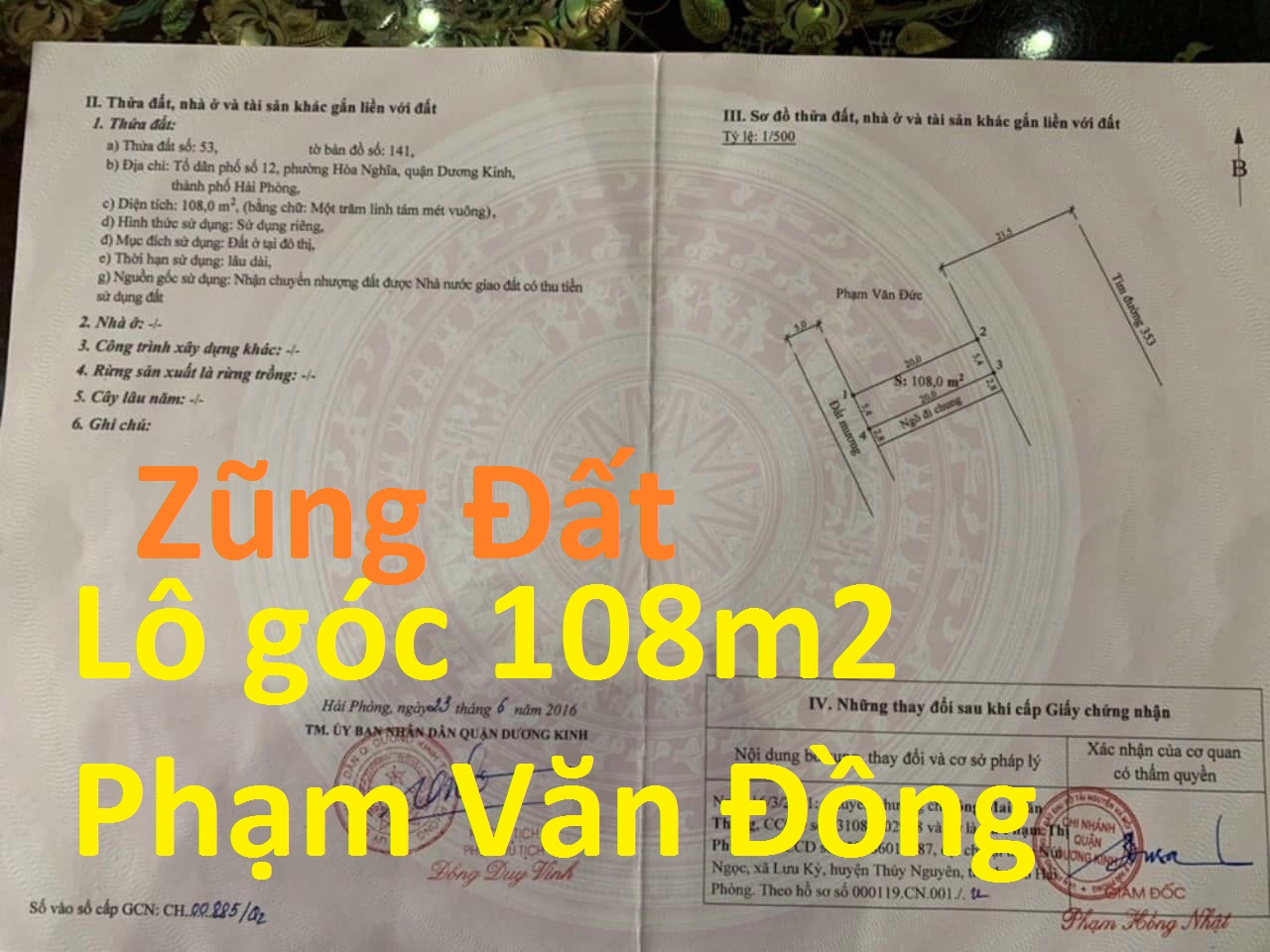 Lô góc 108m2 mặt đường Phạm Văn Đồng , Dương Kinh Hải Phòng