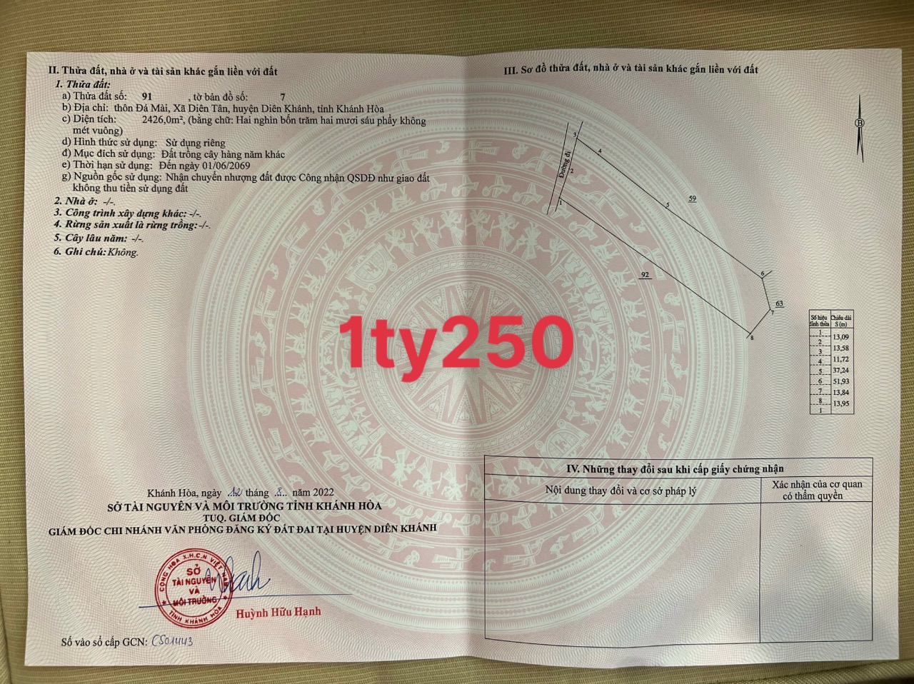 Bán đất vườn diên tân diên khánh khánh hoà