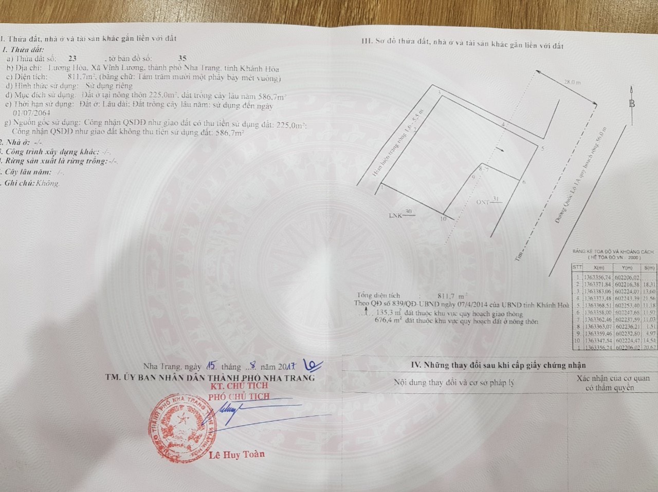 Cần bán 830m2 có 225m2 đất ở ngang 11,9m nở hậu 32m mặt tiền Quốc Lộ 1A, Thôn Lương Hoà, Xã Vĩnh Lương. Tp Nha Trang.