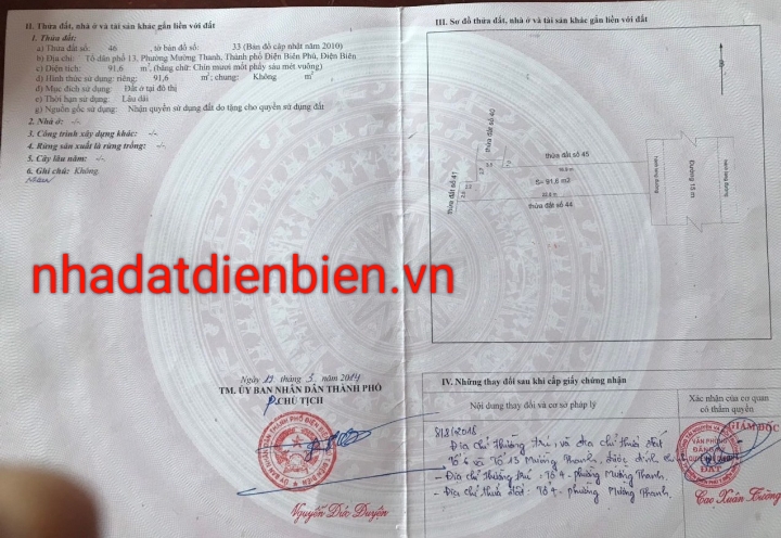 Bán nhà đất tại tổ 4 phường Mường Thanh, thành phố Điện Biên Phủ