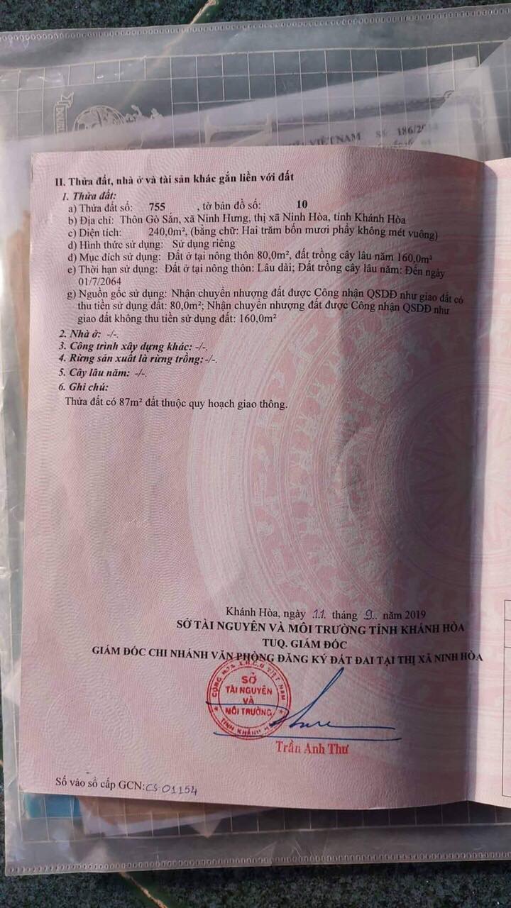 bán lô đất 2 mặt tiền đường Tỉnh Lộ 5 giá đầu tư Ninh Hưng Ninh Hoà lh Vân