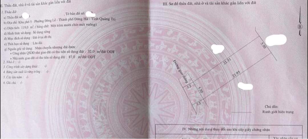 BÁN ĐẤT HỘ KHẨU TP ĐÔNG HÀ, DIỆN TÍCH: 5,5x21M - GIÁ: 900Tr