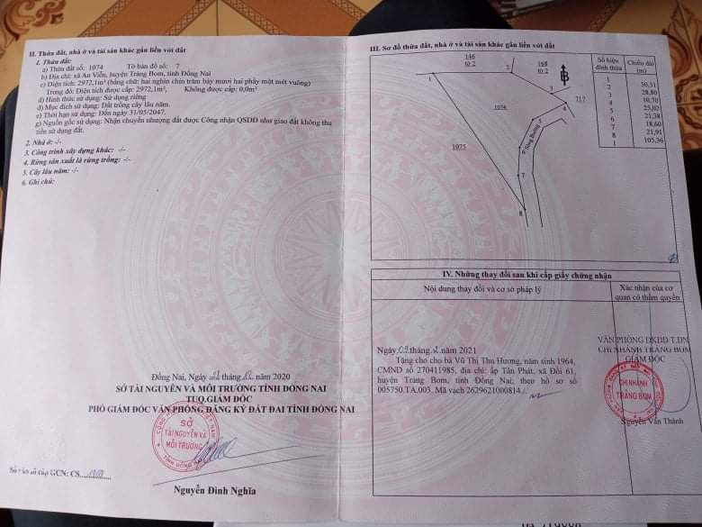 CẦN BÁN LÔ ĐẤT TẠI XÃ AN VIỄN, HUYỆN TRẢNG BOM, TỈNH ĐỒNG NAI