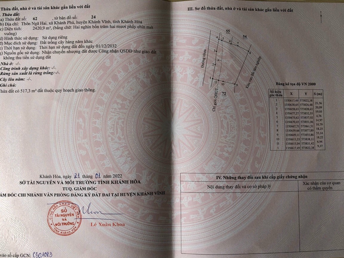 Kẹt tiền bán gấp lô đất đẹp mặt tiền đường nhựa yang bay khánh Vĩnh