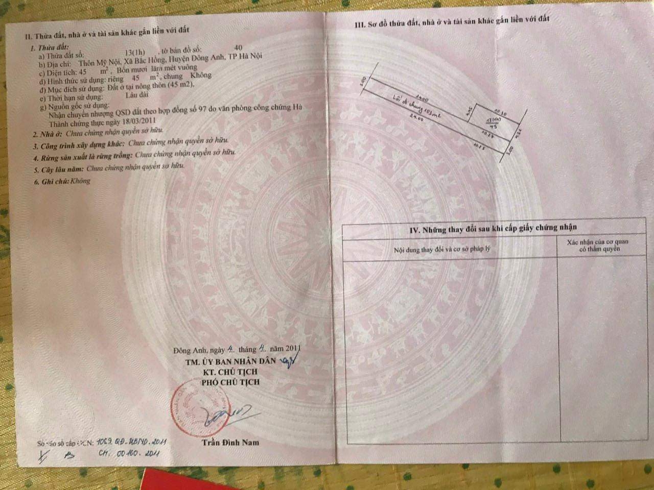 Chủ gửi bán 45m đất Thôn Mỹ Nội, Bắc Hồng, Đông Anh