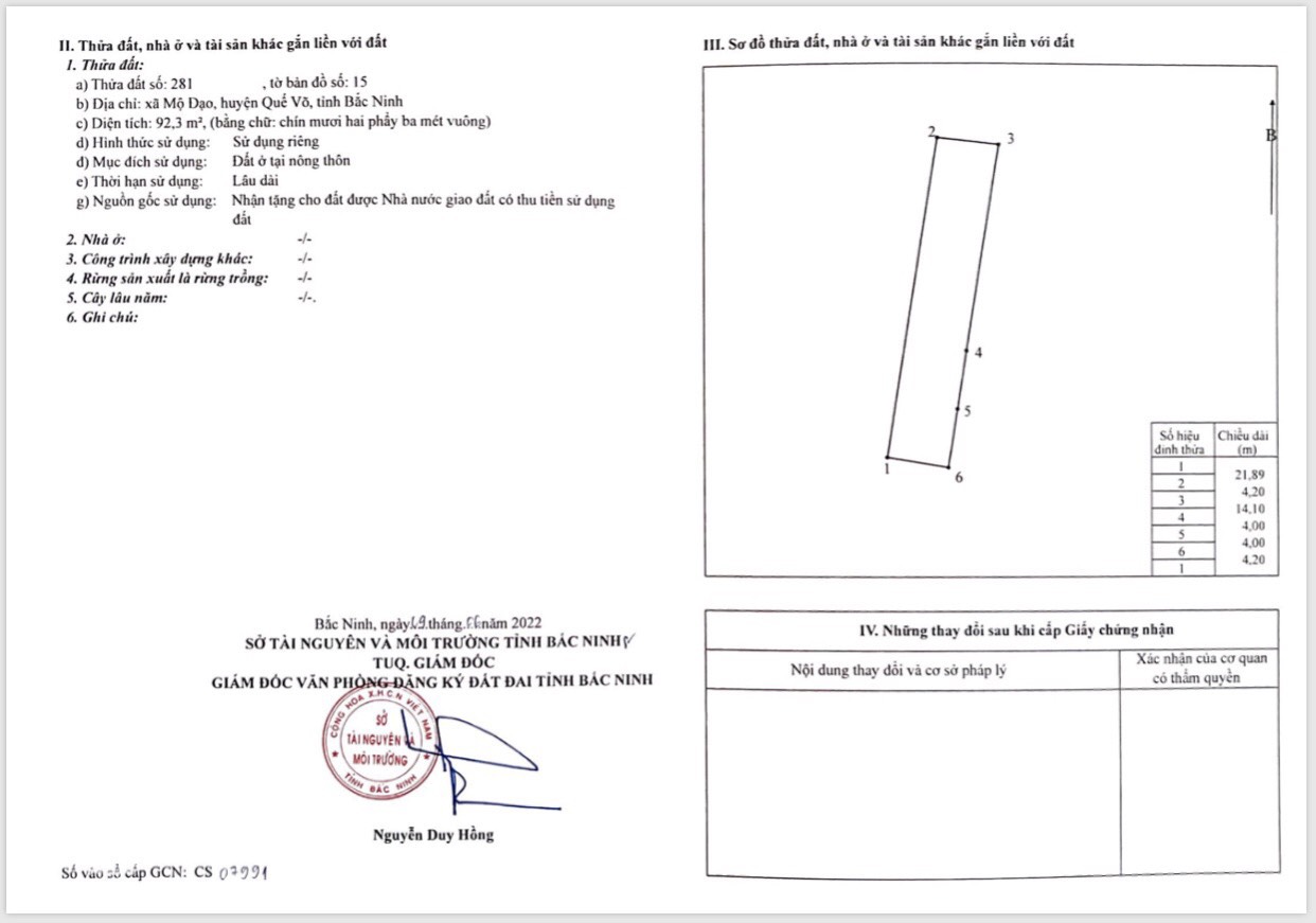 Chính chủ cần bán đất quế võ bắc ninh diện tích 92.3m2 mặt tiền 4.2m giá 1.8 tỷ đã có sổ hồng
