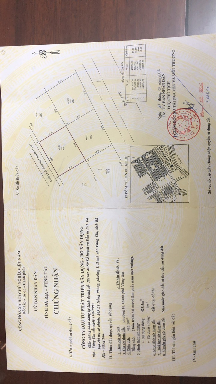 Bán Đất Biệt Thự Khu TTĐT Chí Linh P.10, Diện Tích 425m Ngang 23m Hướng TB, Giá 75tr.m Có TL