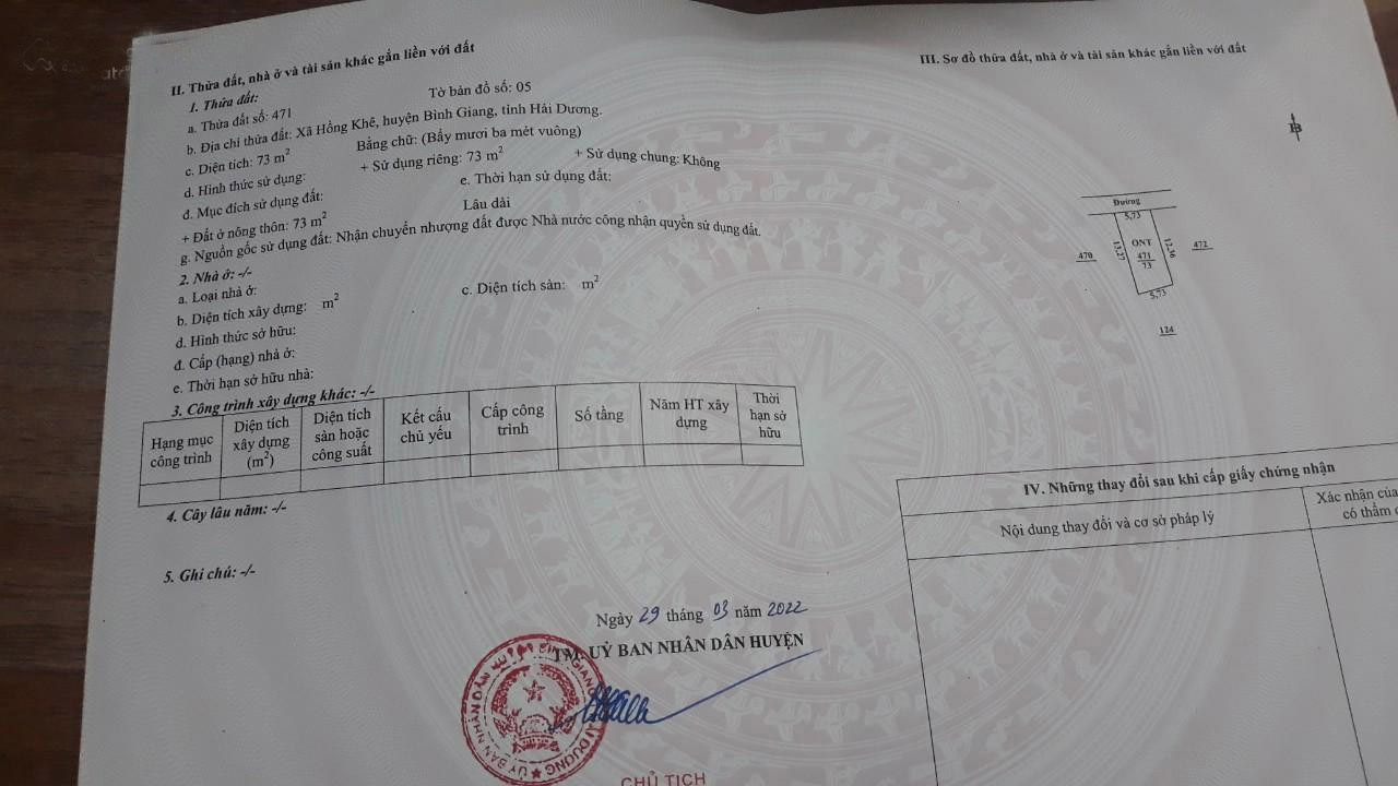 Ra gấp lô đất 73m2 cực đẹp tại xã Hồng Khê, Bình Giang, Hải Dương