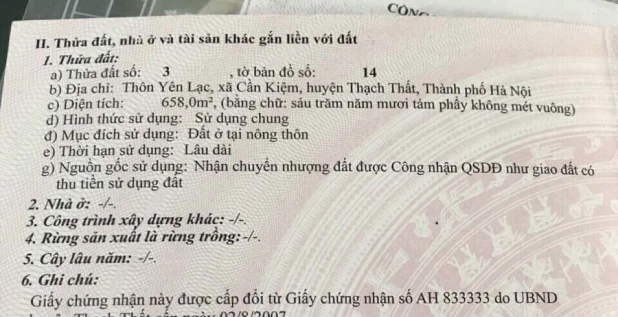 CHÍNH CHỦ BÁN 658 M2 ĐẤT, CẦN KIỆM THẠCH THẤT, 19 TRIỆU/M2