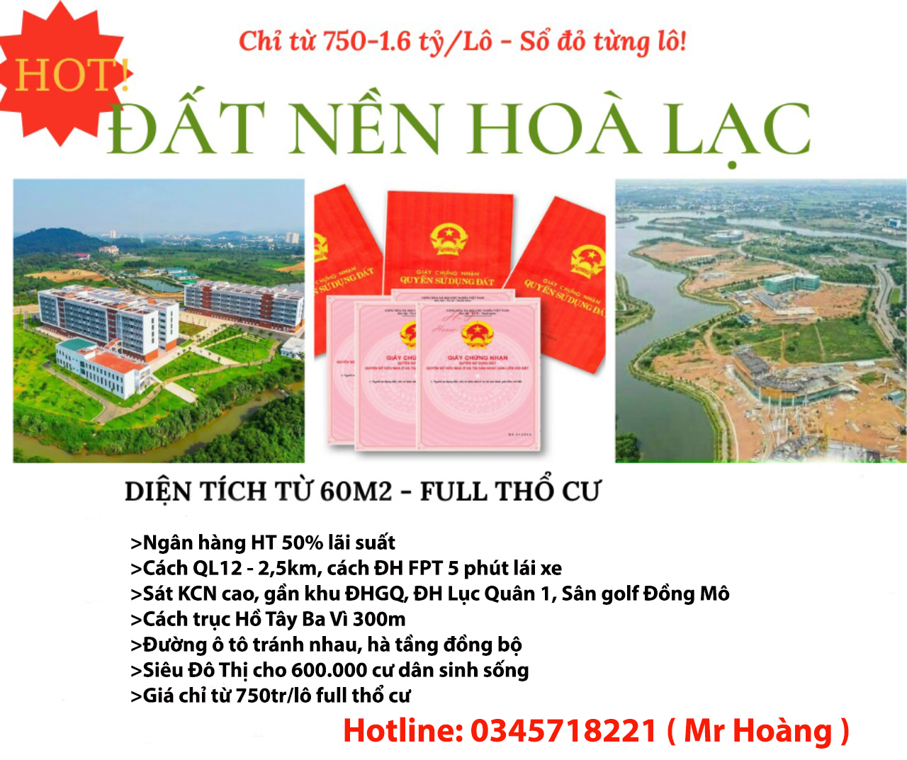 ĐẤT NỀN HÒA LẠC DIỆN TÍCH TỪ 60M2 - FULL THỔ CƯ
