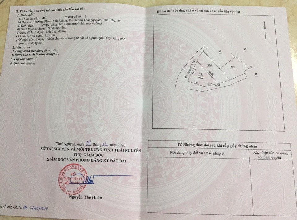 Bán lô đất 99m2 2 mặt tiền p Phan Đình Phùng, tp Thái Nguyên. Giá 1ty ***