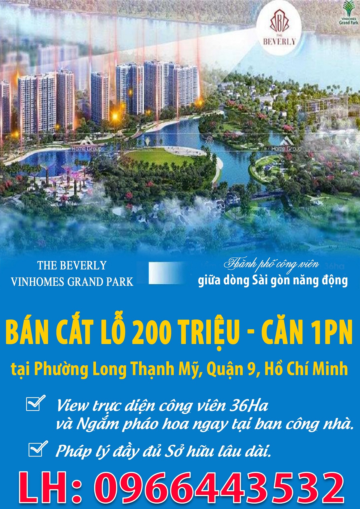 BÁN CẮT LỖ 200 TRIỆU – CĂN 1PN + THE BEVERLY VINHOME GRAND PARK – VÀO TIỀN 430 TRIỆU (15%)
