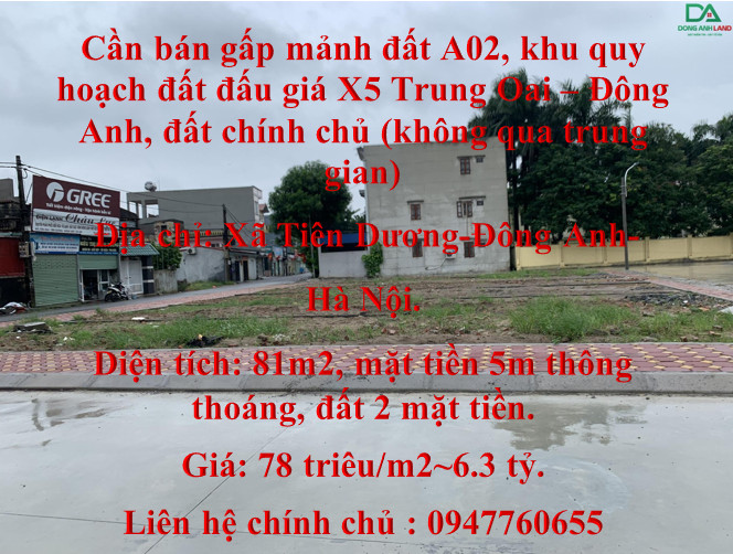 Cần bán gấp mảnh đất A02, khu quy hoạch đất đấu giá X5 Trung Oai – Đông Anh, đất chính chủ (không qua trung gian)-
