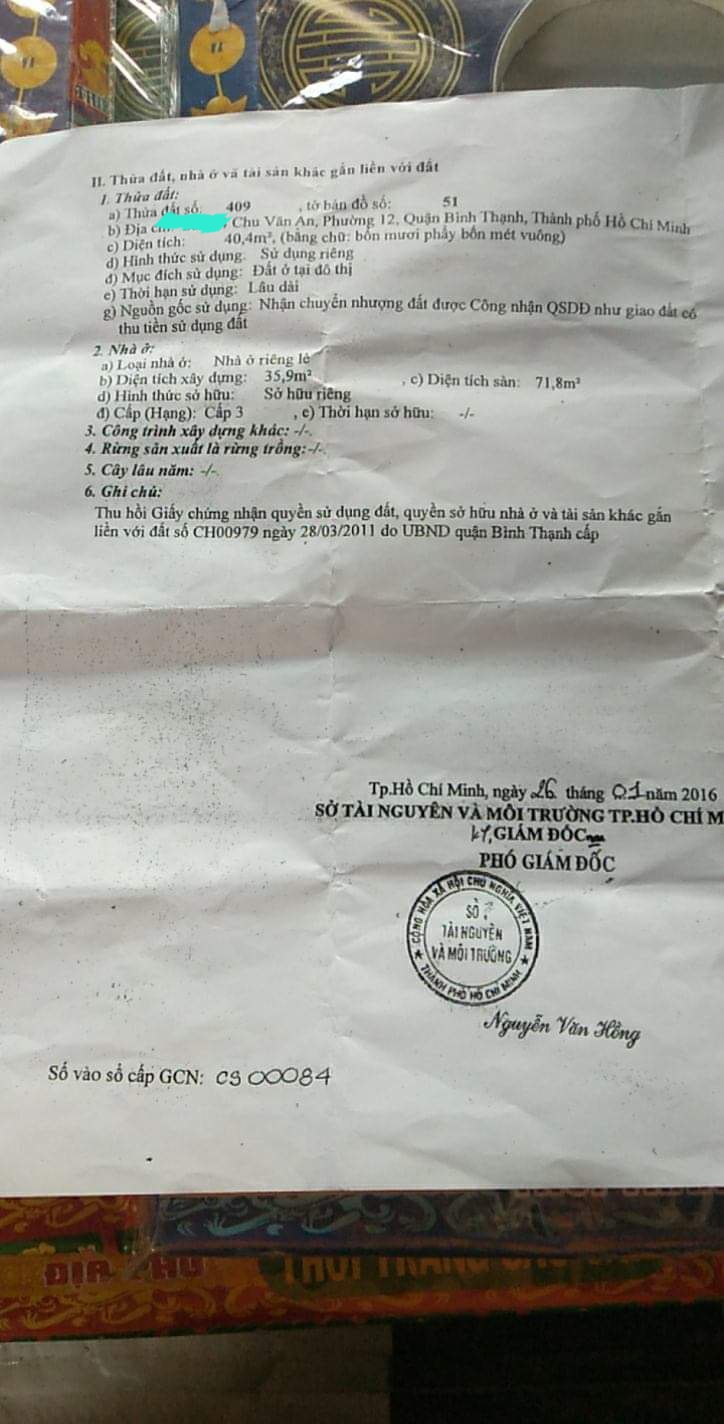 Nhà bán mặt tiền, chu văn an- bình thạnh. 4x10 gác suốt SHR Dt đất 40m2 - sàn 71m2 Giá bán : 8tỷ4