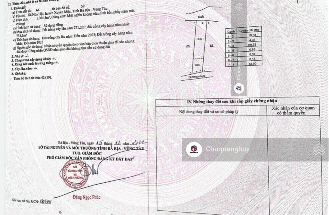 Bán 7 lô đất 1000m2 giá 1,05 tỷ/lô. Hoà Hội Xuyên Mộc Vũng Tàu DT 10mx100m