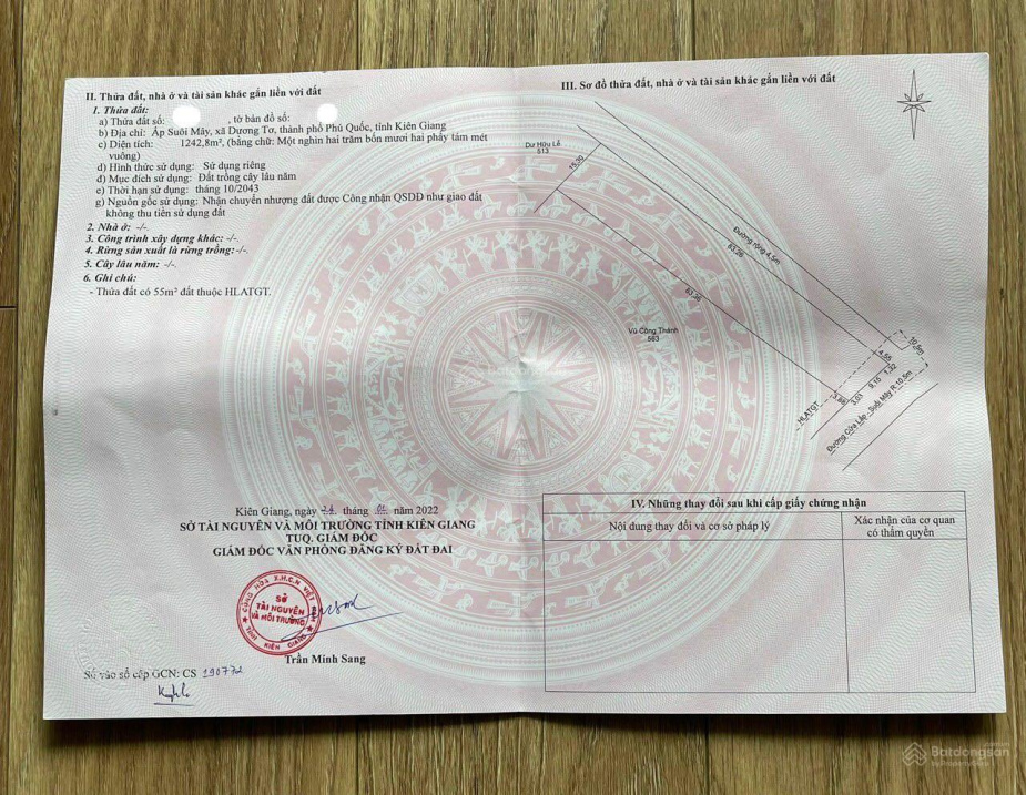 Bán gấp 1242m2 mặt tiền đường Suối Mây phía núi