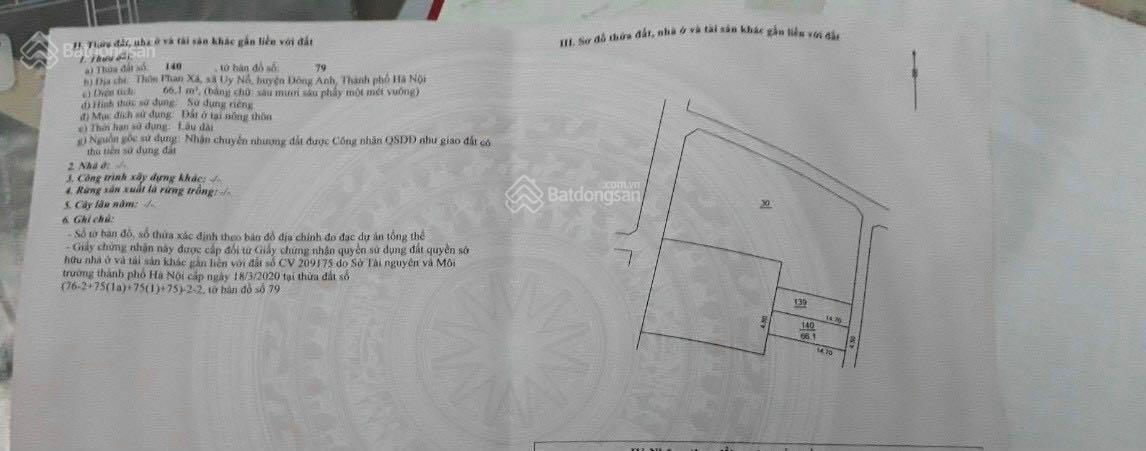Bán mảnh đất đẹp ở thôn Phan Xá, xã Uy Nỗ, huyện Đông Anh, thành phố Hà Nội