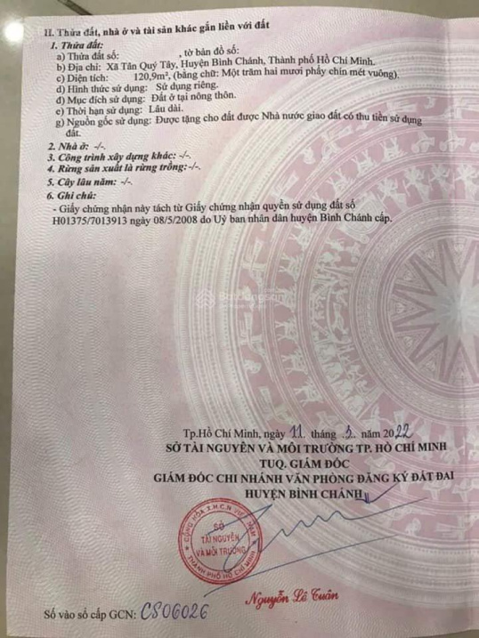 Chỉ với hơn 1tỷ là quý cô chú a/c đã sở hữu ngay lô đất 120,9m2/SHR X. Tân Quý Tây, H. Bình Chánh