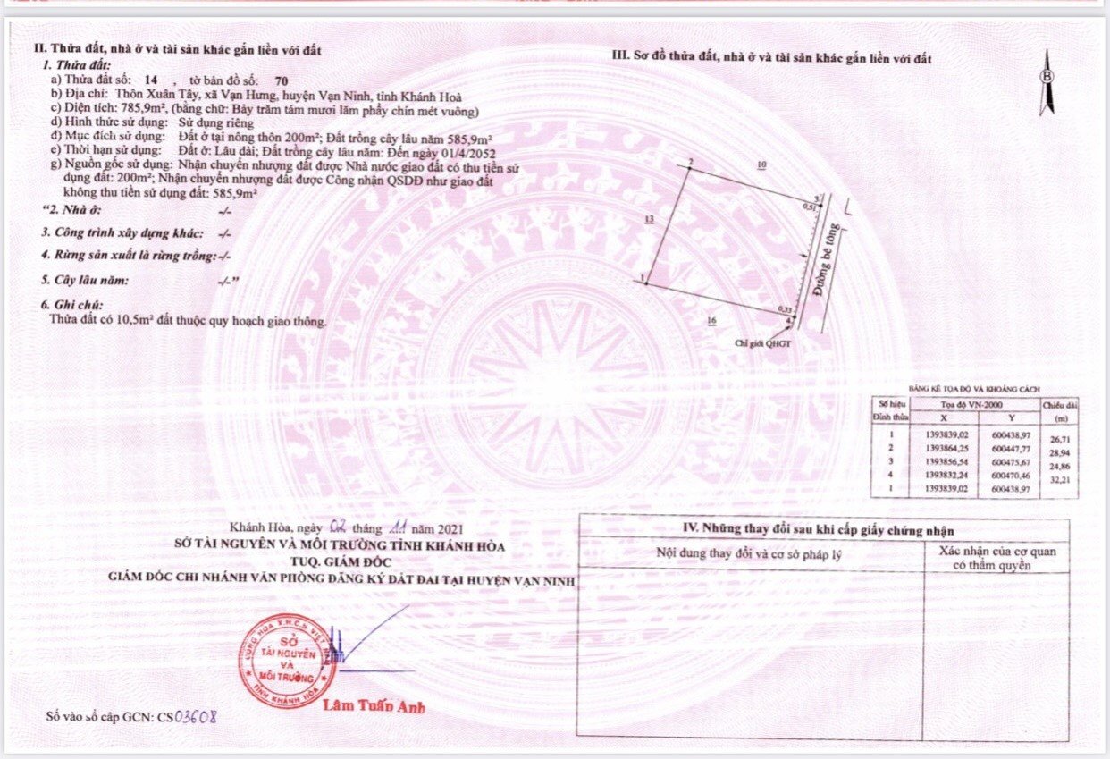 BÁN ĐẤT NỀN VẠN HƯNG, VẠN NINH, KHÁNH HÒA, KHU KINH TẾ BẮC VĂN PHONG, DT 1410M², GIÁ 4 TỶ 898TR