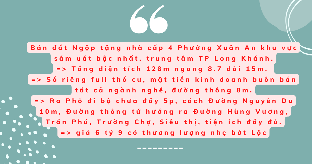 128m sổ riêng thổ cư Xuân An trung tâm TP.Long Khánh Giá 6 tỷ 9