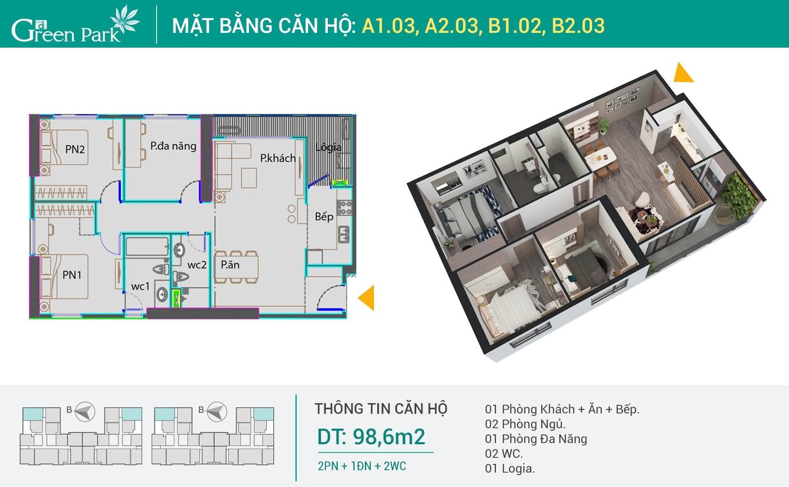 Thiết kế căn 3 phòng ngủ dự án Phương Đông Green Park