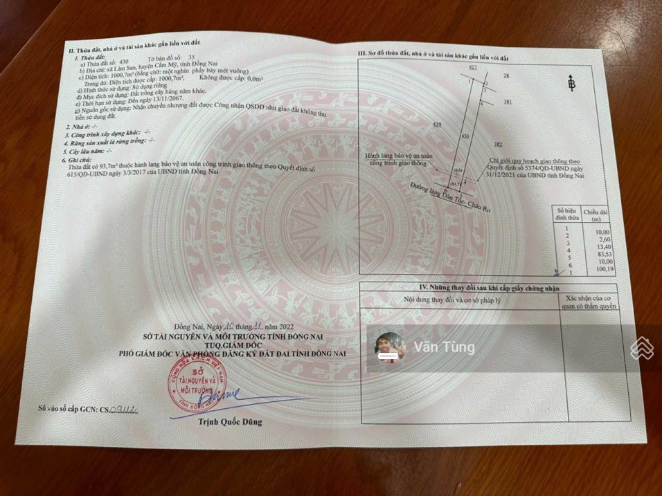 1000m2 tại Lâm San, Cẩm Mỹ, mặt tiền nhựa, dân cư đông đúc, phủ hồng, giá chỉ 1 tỷ 6