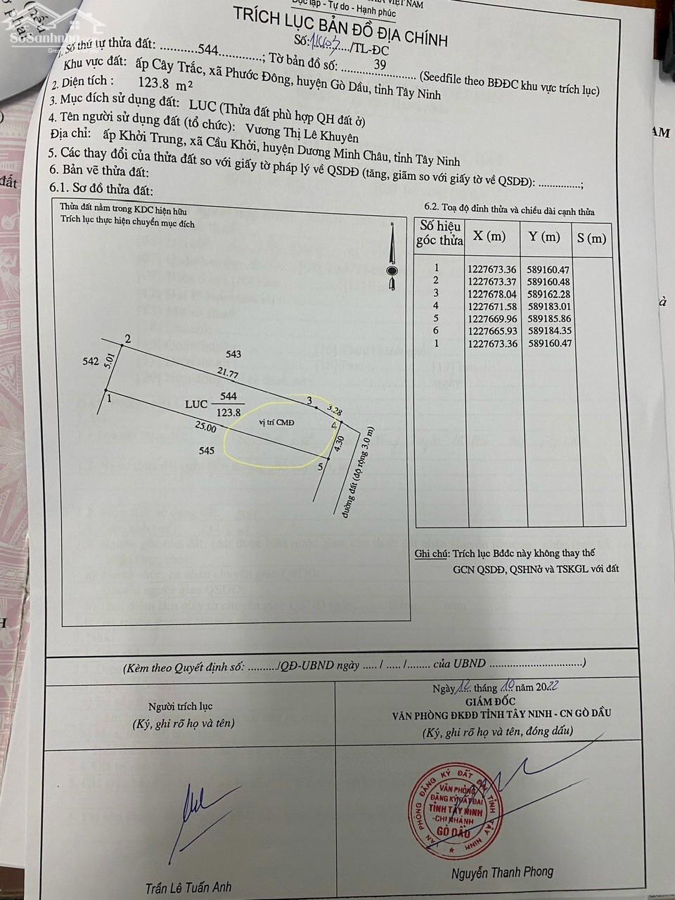 CHÍNH CHỦ CẦN TIỀN BÁN GẤP LÔ ĐẤT GIÁ ĐẦU TƯ NGAY PHƯỚC ĐÔNG - GÒ DẦU - TÂY NINH