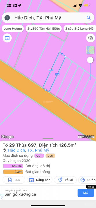 5x25m có 60m2 TC giá 1 tỷ Hắc Dịch, Phú Mỹ, đường nhựa 6m