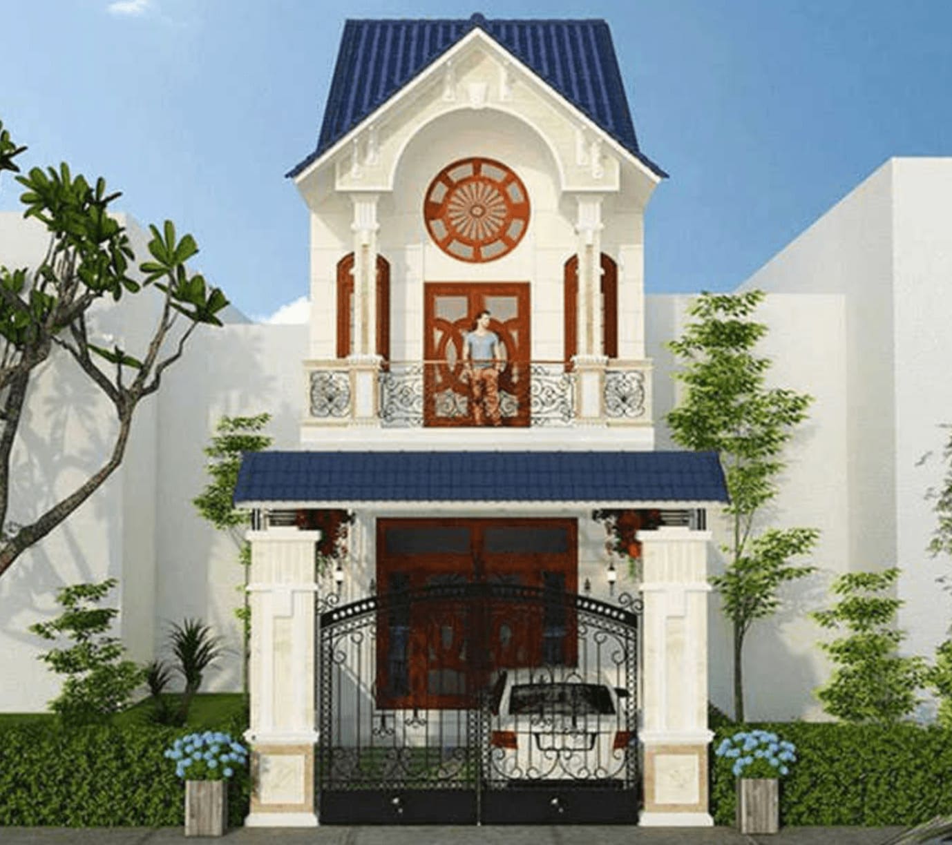 Mẫu nhà ống mái thái 2 tầng được sử dụng màu trắng làm tông màu chủ đạo. Nha-ong-mai-thai-6