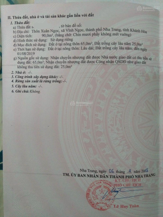 Bán đất đường Hòn Thơm, Xã Vĩnh Ngọc, Nha Trang 90m2 (ngang 6m) giá 1,35 tỷ