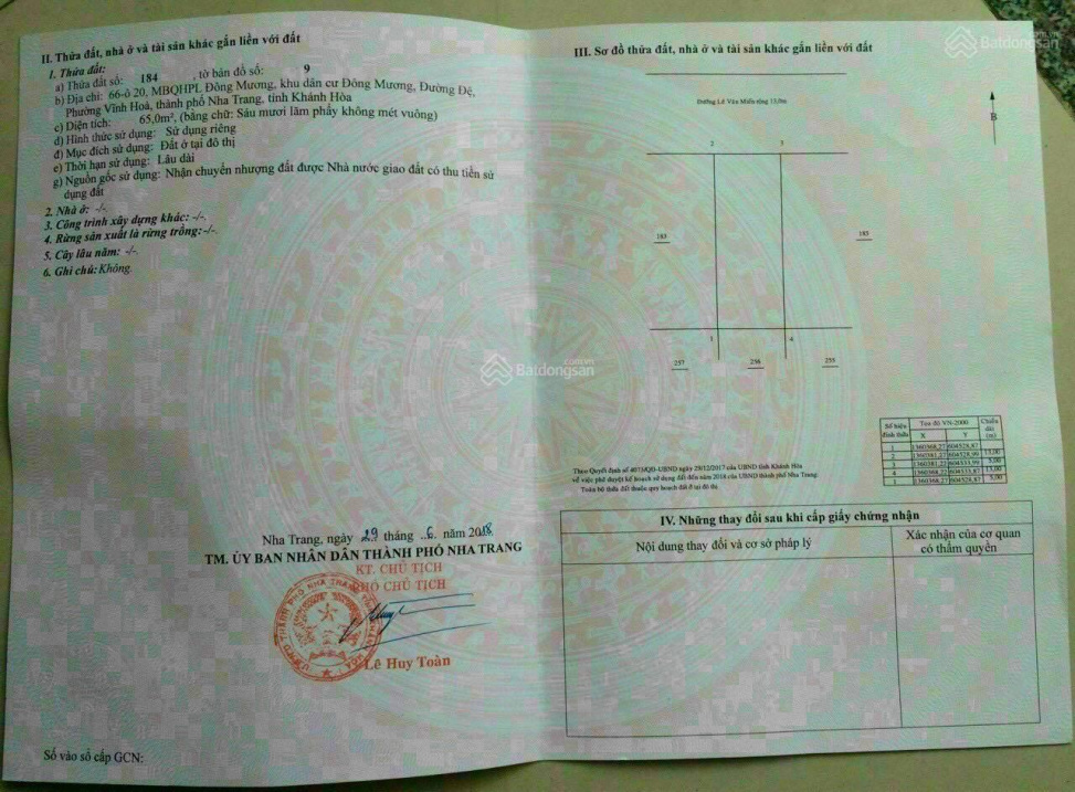 Bán đất đường Lê Văn Miến Phường Vĩnh Hoà tại Nha Trang, Lô 66 - O22 65m2 (ngang 5m) giá 47,5trđ/m2