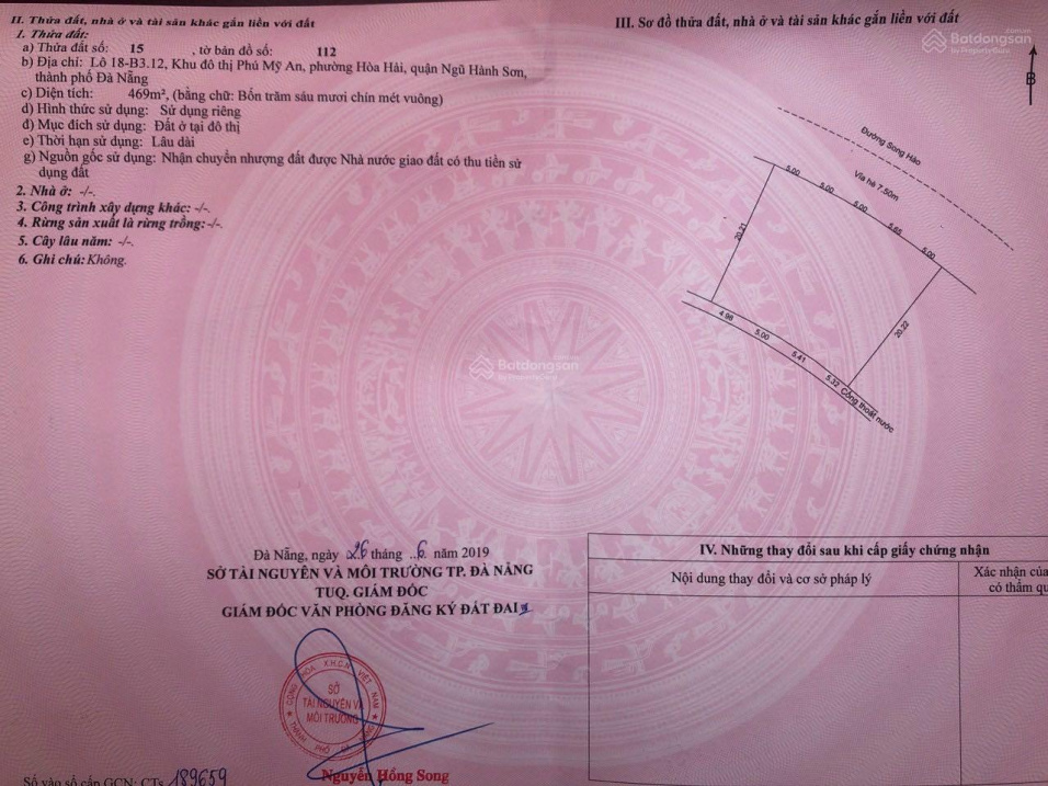 Bán đất mặt tiền đường Song Hào, P. Phú Mỹ An, Hoà Hải, Ngũ Hành Sơn, Đà Nẵng, 469m2