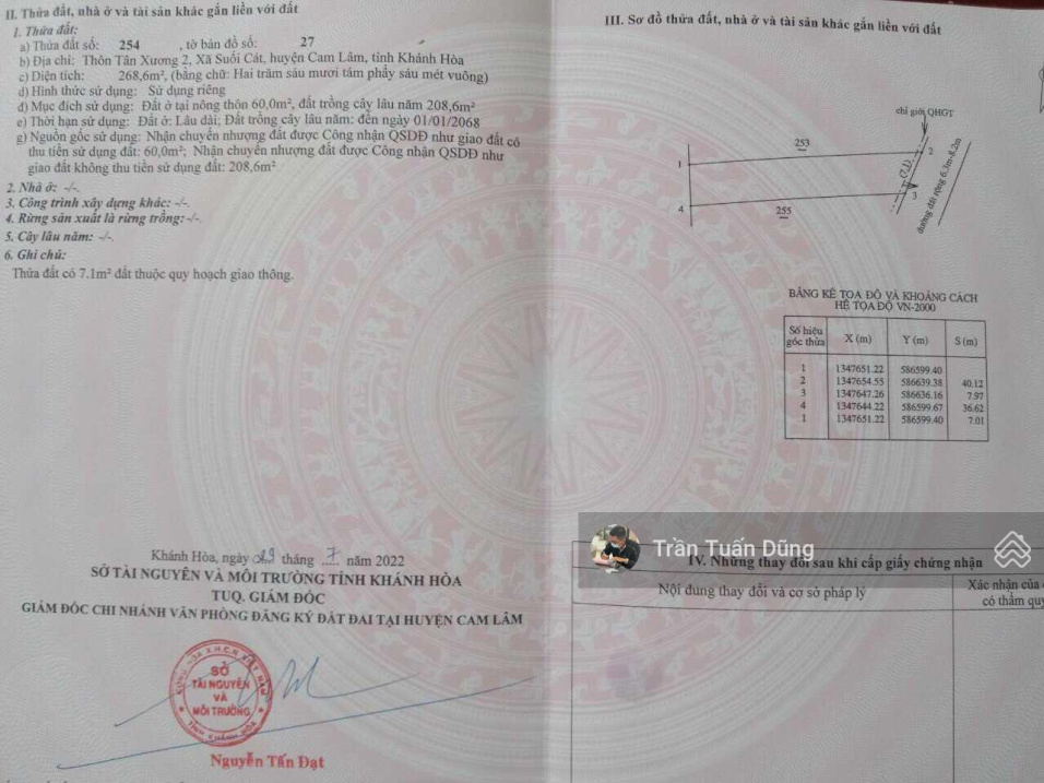 Bán gấp lô đất mặt tiền đường Liên Xã Tân Xương 2 Suối Cát, giá đầu tư