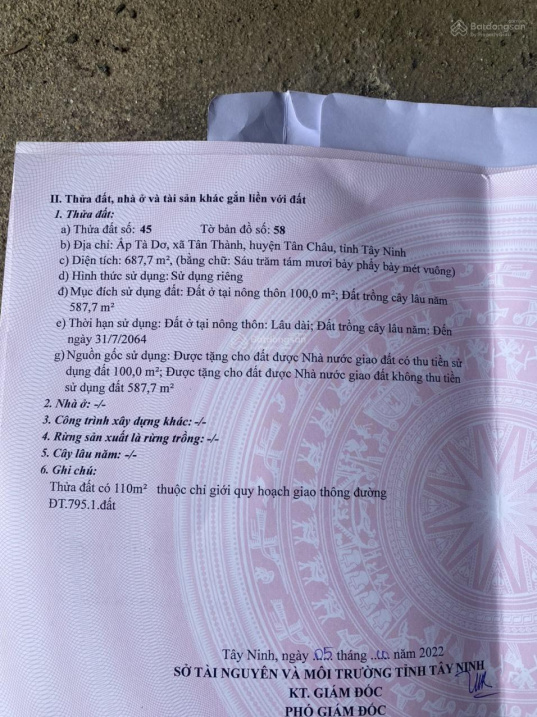 Bán gấp mảnh đất diện tích : 687.7 m2 Tân Thành,Tân Châu, Tây Ninh giá 1.8 tỷ liên hê:0915 896 868