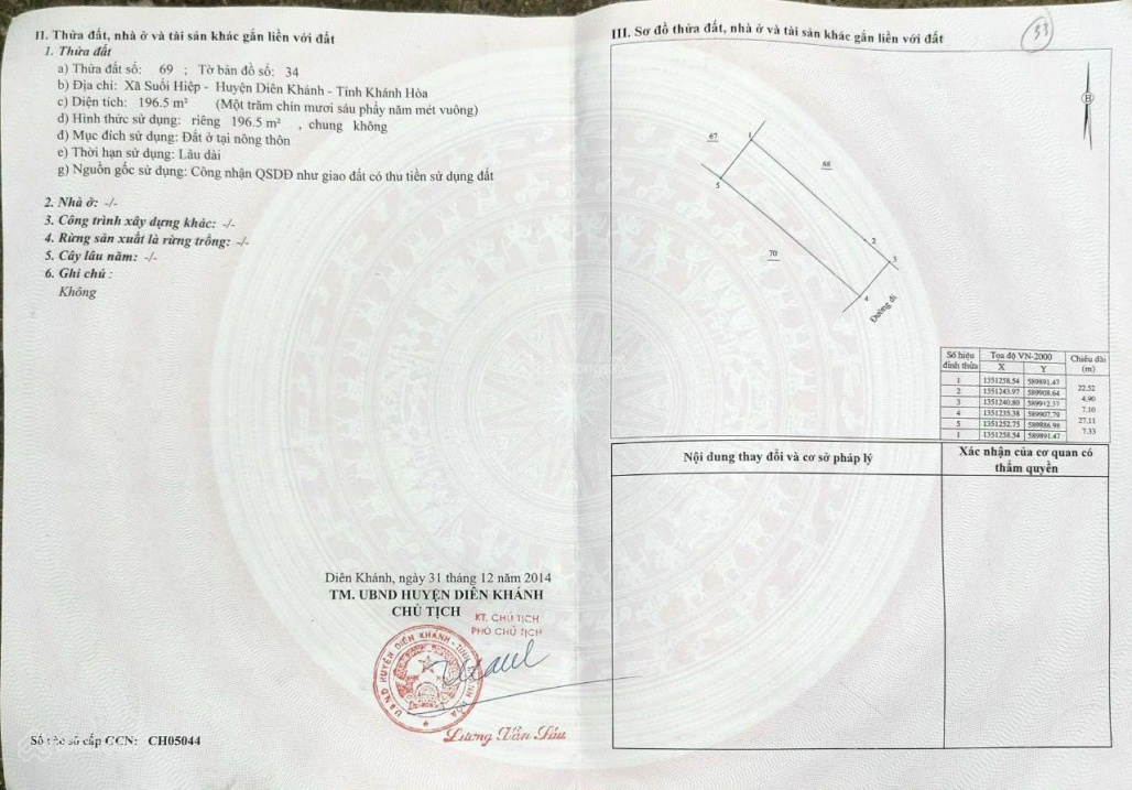 Chính chủ đất 196.5m2, có căn nhà cấp 4 giá 1.8 tỷ Suối Hiệp, Diên Khánh hẻm Quốc lộ 1A