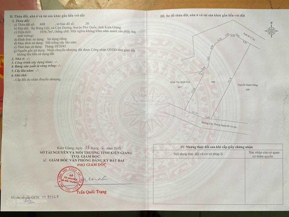 Mặt tiền đường Cây Thông Ngoài, Ấp Búng Gội, Cửa Dương, Phú Quốc, diện tích 1057m2 giá 6 tỷ 500tr