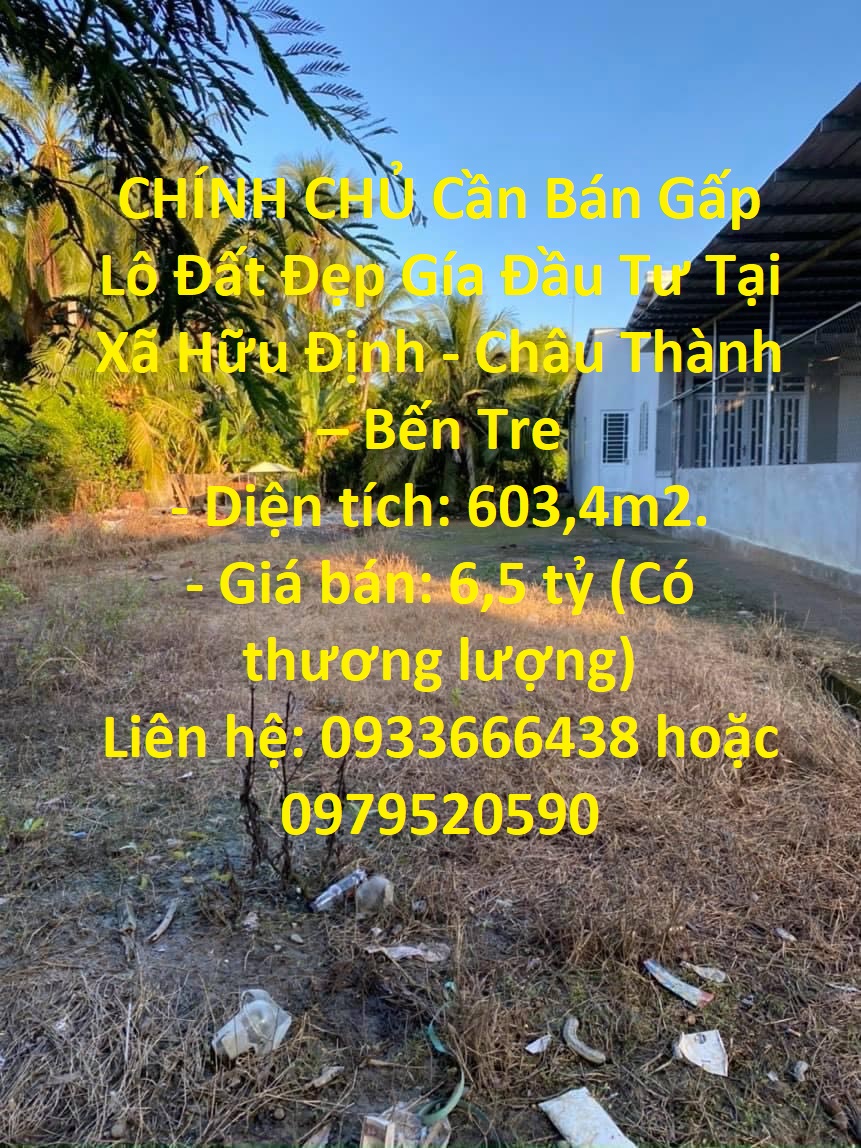 CHÍNH CHỦ Cần Bán Gấp Lô Đất Đẹp Gía Đầu Tư Tại Xã Hữu Định - Châu Thành – Bến Tre