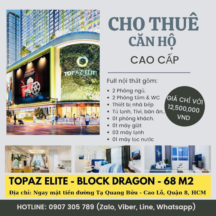 CHÍNH CHỦ CẦN CHO THUÊ NHANH CĂN HỘ TOPAZ ELITE- BLOCK DRAGON QUẬN 8