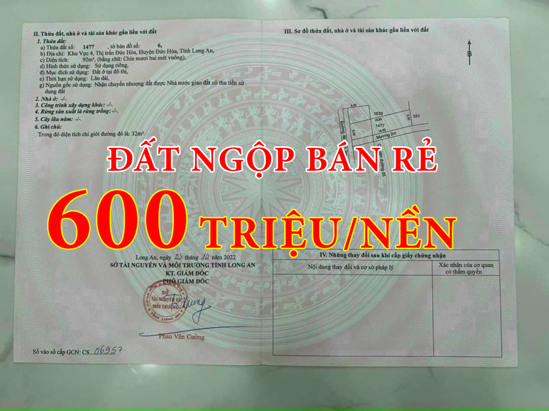 đất nền GIÁ RẺ 600TRIỆU, đất ngay thị trấn Đức Hòa,sổ hồng riêng