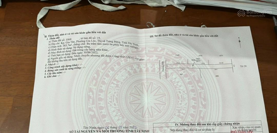 Bán lô đất 383m2 thổ 70m2 khu phố Gia Tân Thị Xã Trảng Bàng giá 850tr