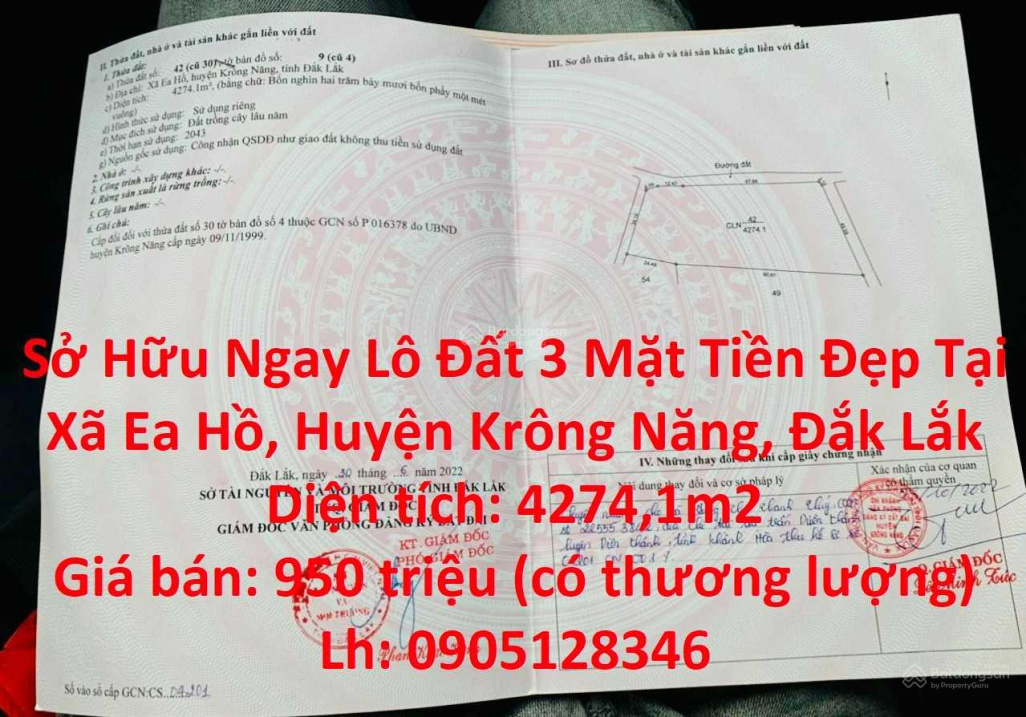 Sở Hữu Ngay Lô Đất 3 Mặt Tiền Đẹp Tại Xã Ea Hồ, Huyện Krông Năng, Đắk Lắk
