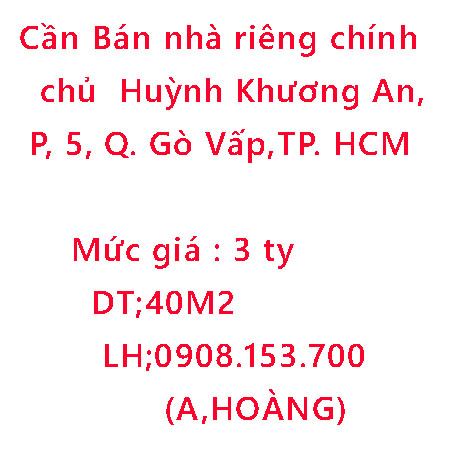 Cần Bán nhà riêng chính chủ 40m2 tại Huỳnh Khương An, phường 5, quận Gò Vấp, thành phố Hồ Chí Minh