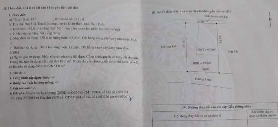 Bán ô đất tại đội 5 - xã Thanh Xương - Huyện Điện Biên