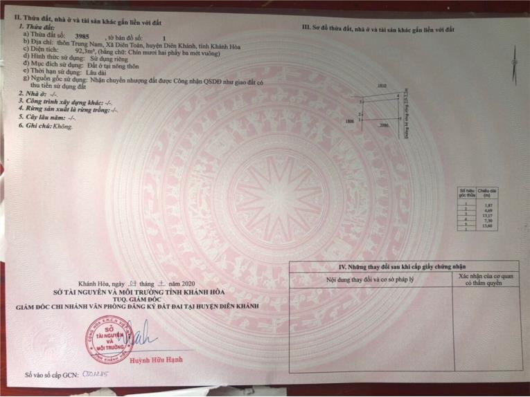 BÁN NHANH LÔ GÓC DIÊN TOÀN, DIÊN KHÁNH CHỈ 900tr