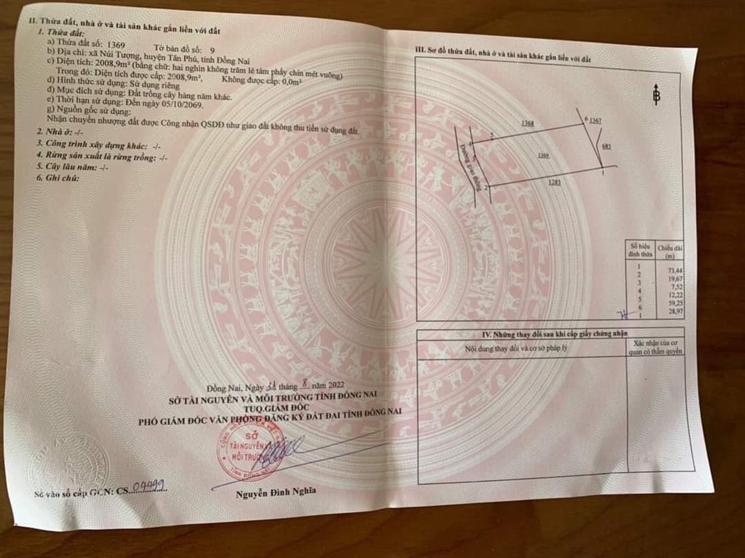 Cần bán lô đất diện tích 2008,9m2 tại xã Núi Tượng,huyện Tân Phú,tỉnh Đồng Nai