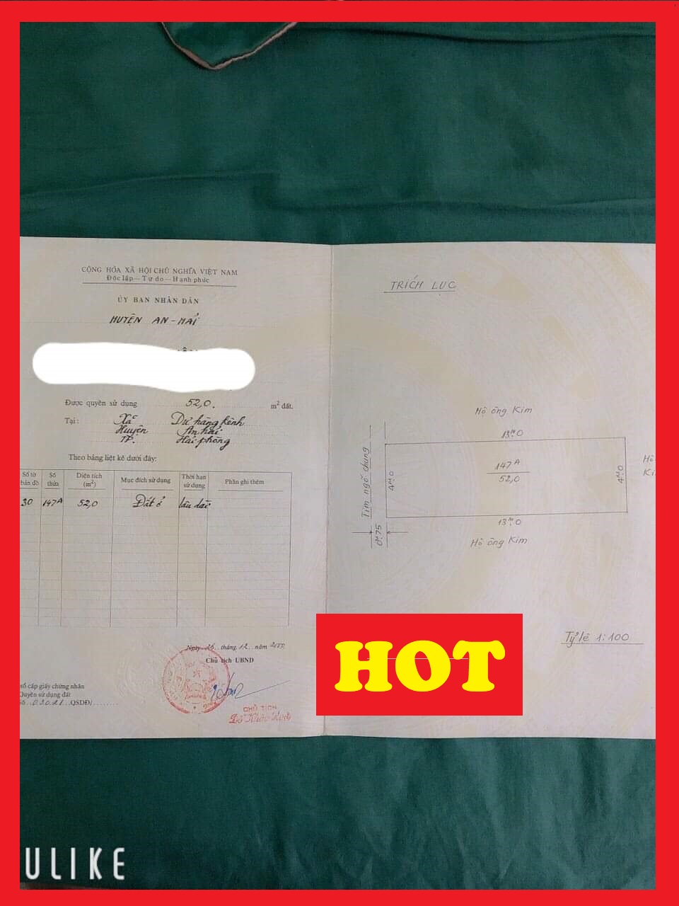 Bán gấp lô đất ngõ 435 Miếu Hai Xã diện tích 52m MT 4m GIÁ 2.15 tỉ lô góc cực đẹp